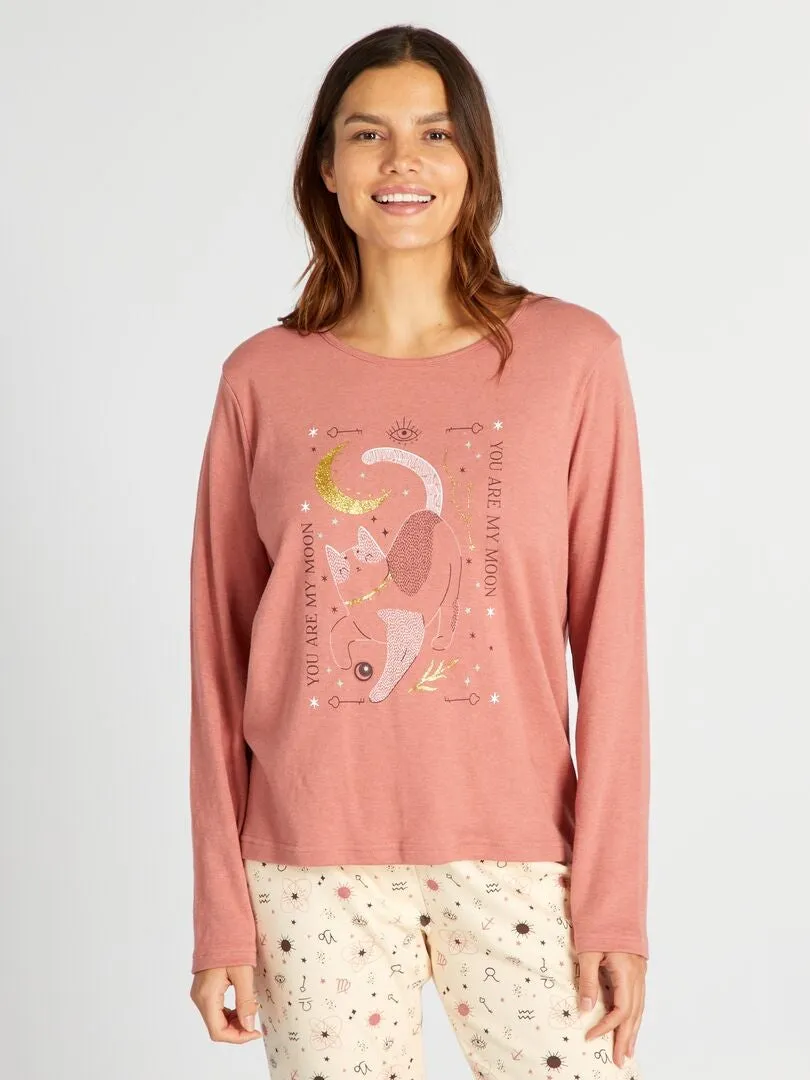 CONJUNTO DE PIJAMA LARGO CAMISETA + PANTALóN DE PUNTO  2 PIEZAS  NARANJA